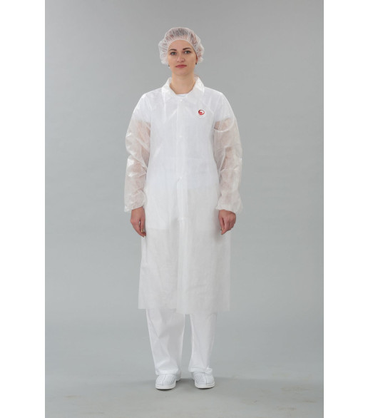 Халат медицинский на кнопках, воротник- отложной, рукав на резинке, пл. 25 г/м2, цвет белый